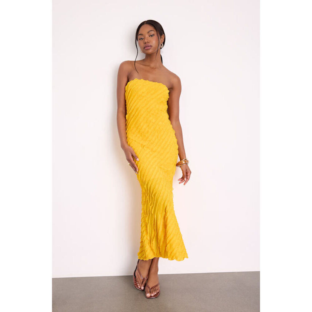 Lulus Faelyn Yellow Strapless Ruffled Midi Dress - Size XS